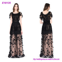 Embroidered Lace Short Sleeve Maxi Evening Dress (Accept OEM)